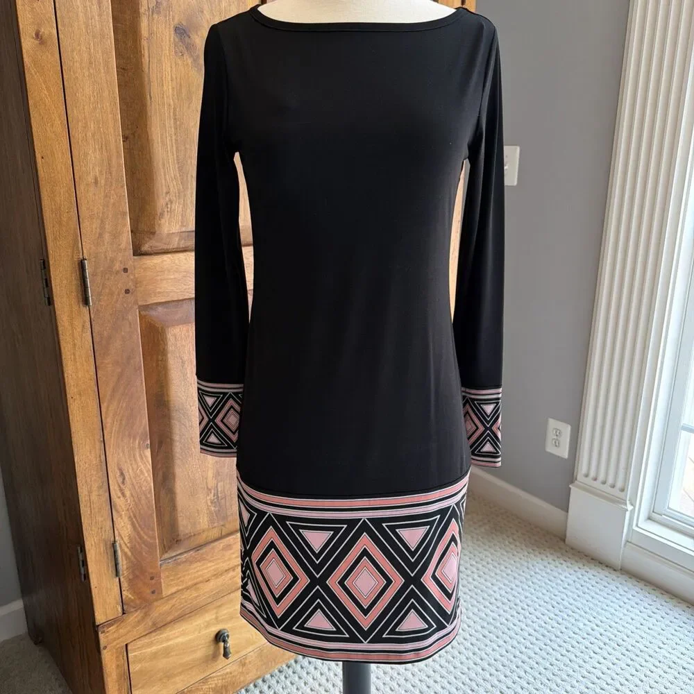 Michael Kors Mid 2010s Geometric Black And Peach Dress Size XS